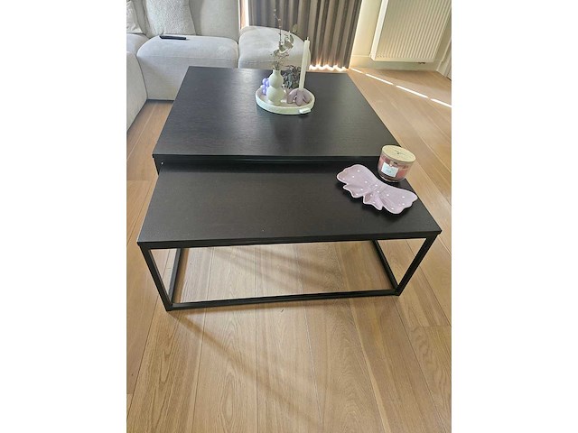 Zwart hout met stalen frame - salontafel set - afbeelding 1 van  3