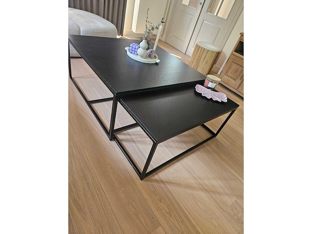 Zwart hout met stalen frame - salontafel set - afbeelding 3 van  3