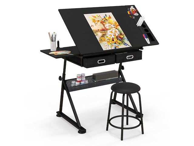 Zwart houten bureau met metalen poten en verstelbare hoogte - afbeelding 1 van  7