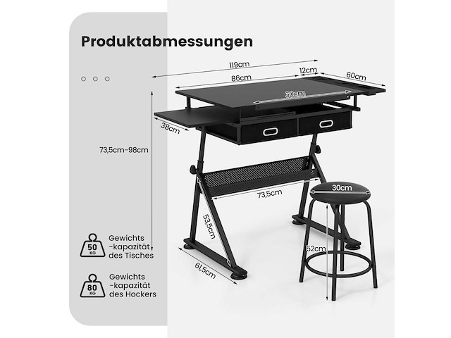 Zwart houten bureau met metalen poten en verstelbare hoogte - afbeelding 3 van  7